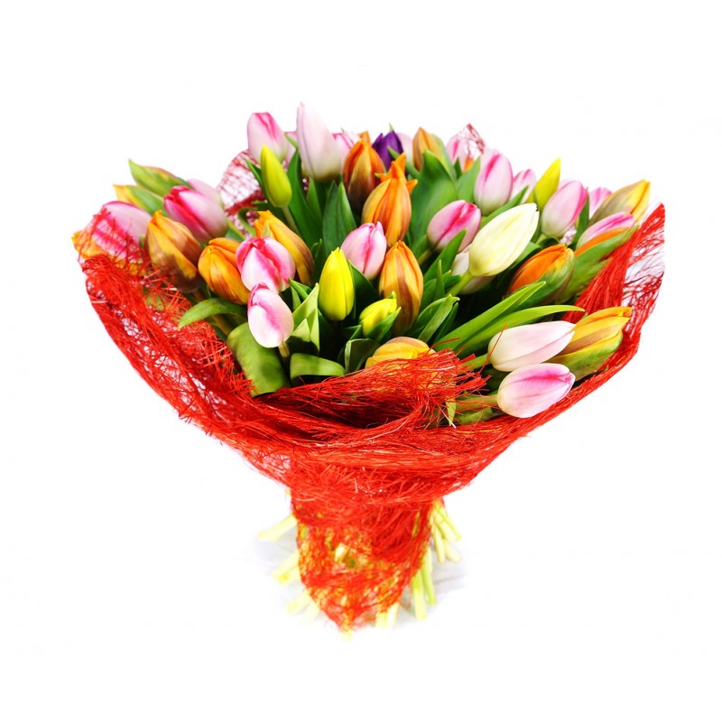 Tulipany w różnych kolorach ułożone w bukiet kupicie w naszej kwiaciarni w Lublinie.