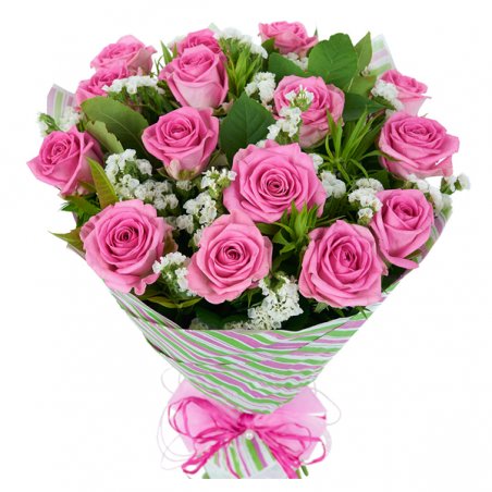 Różowe kwiaty ułożone w bukiet do zamówienia w kwiaciarni internetowej z dostawą do domu.